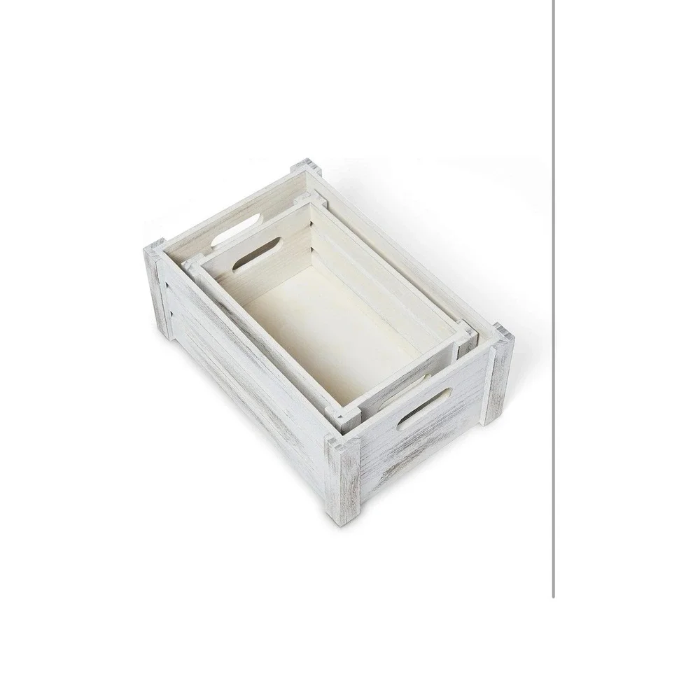 Farmhouse Wooden Crate Set | Whitewashed Nesting Storage Boxes Set of 2